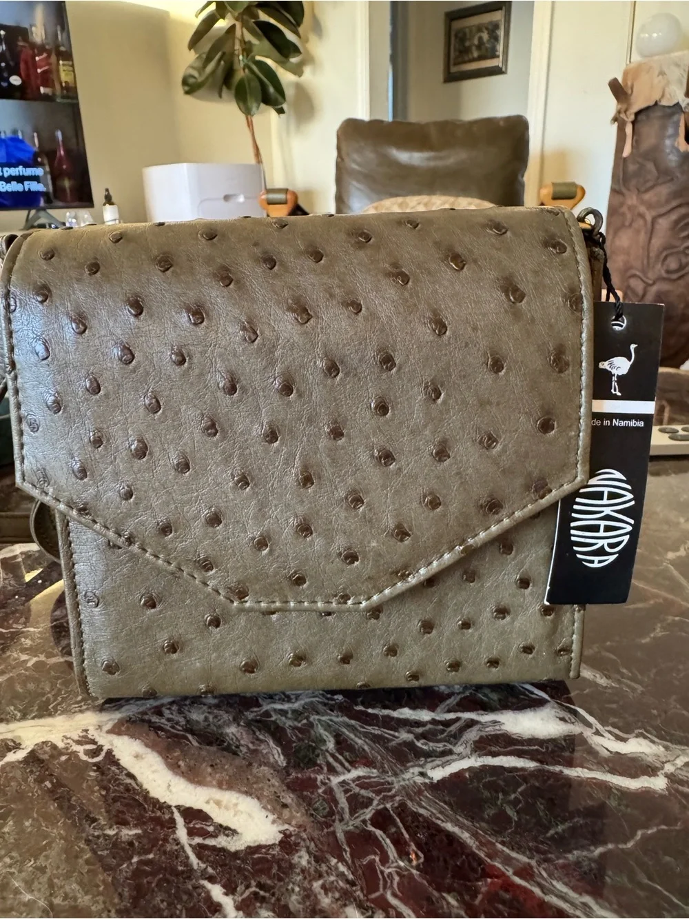 NWT Nakara Namibia Genuine Olive Ostrich Leather Crossbody Clutch Bag